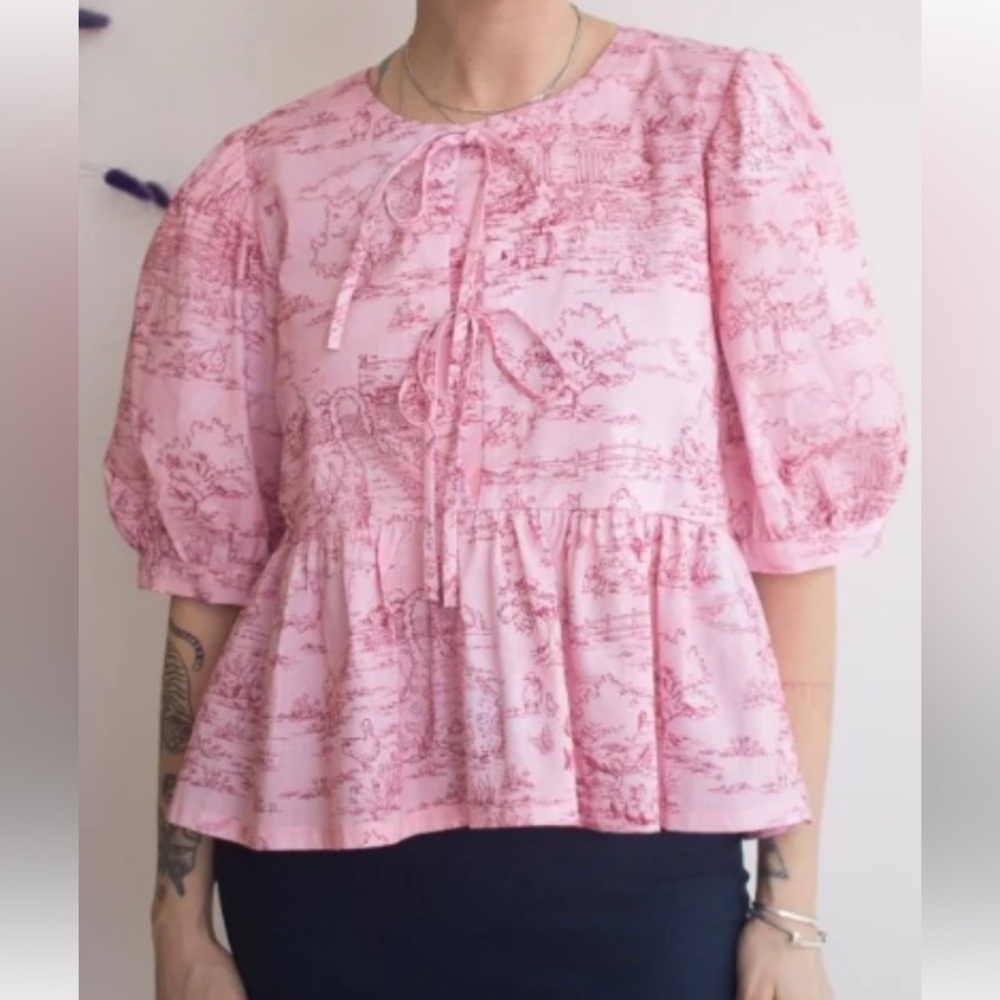 Birds of North America Puff Sleeve Tie Front Peplum Blouse